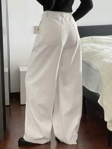 DAZY 秋季女士大口袋休闲牛仔裤 - 白色 - 查看 2