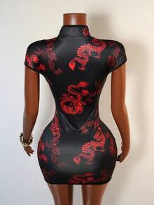 SHEIN PETITE Fashionable Sexy Dragon Print Hollow Front Mini Dress - Black - View 2