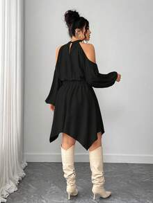 Elenzga 大码女装纯色新款褶皱吊带长袖圆领弹力腰身不对称下摆灯笼袖蝴蝶结约会之夜精致时尚优雅休闲宽松简约浪漫连衣裙 - 黑色 - 查看 2