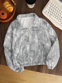 SHEIN Tween Girl 休闲街头时尚枯枝迷彩印花落肩拉链半开短款卫衣，适合秋冬季休闲日常穿着，Y2K - 灰色 - 查看 2