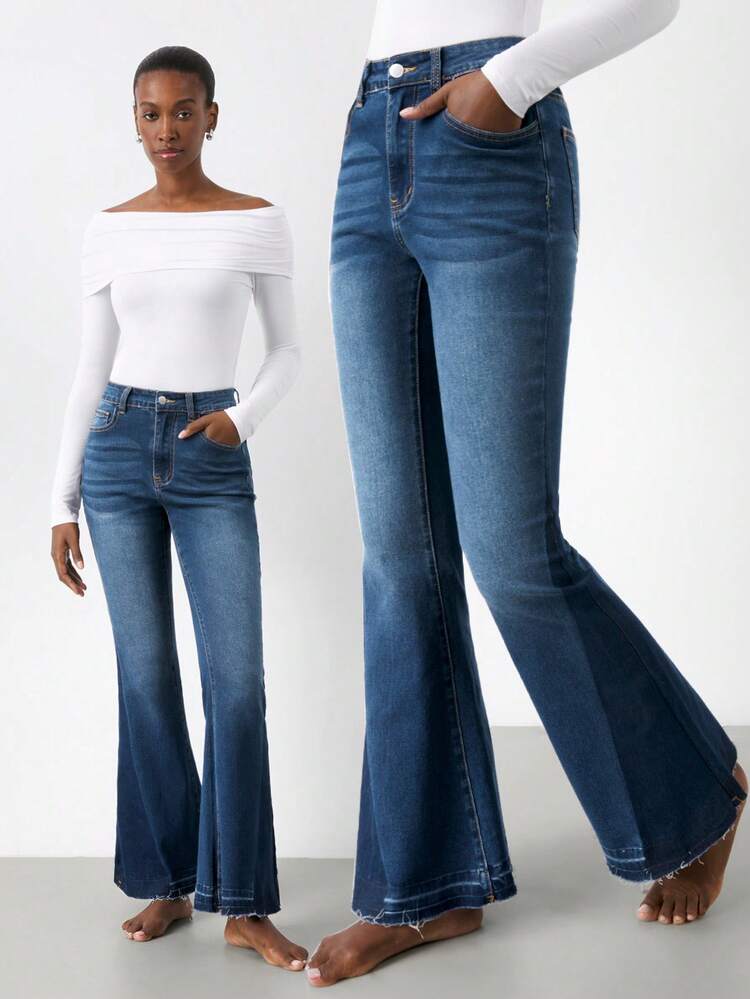 SHEIN Maija Women's Blue Jeans Retro Low Waist Flared Pants Comfortable Stretch Denim Casual Winter Wear Elegant Flared Pants Thanksgiving Outfits