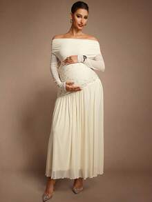 MaterniChic Maternity Off Shoulder Long Sleeve Floral Embroidery Dress Elegant White Autumn Wedding Guest Luxury Chic Baby Shower Pregnancy Photoshoot Dress - Apricot - View 5