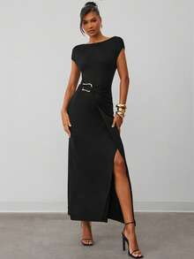 Hauture Abito midi casual e dimesso con scollo a barca, plissettato, senza maniche, con ornamento dorato - nero - Visualizzare 4