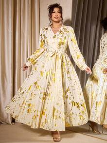 Cravure Vestido casual/de trabajo de manga larga con pliegues en la cintura y estampado de lámina de oro para mujer de talla grande - Albaricoque - Ver 4