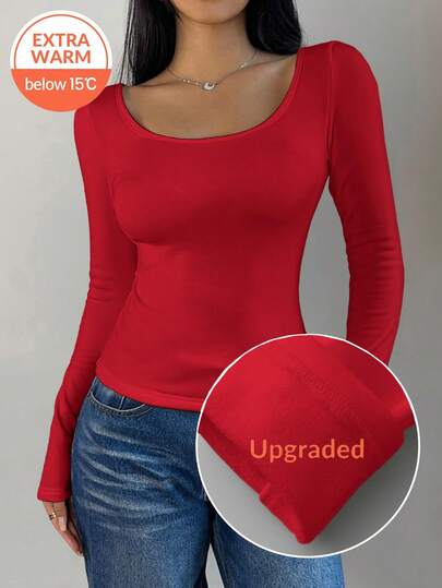SHEIN BASICS Damen Lässig einfarbiges Strick-Rundhals-Langarm-Slim-Fit-T-Shirt, aufgewerteter Thermalstoff, fleecegefüttert ohne Volumen, schlank anliegendes Stretch-Unterhemd-Bluse für Herbst und Winter