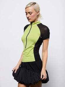COUREZ Short Sleeve Mock Neck Sporty Sheer Top , Y2K Spring Going Out Top - Multicolor - View 4