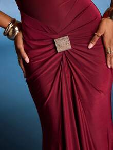 Normani Vestido elegante de manga larga y cuello alto con espalda descubierta y decoración de hebilla metálica para mujer, disponible en burdeos y rojo ladrillo, hecho de tela de punto elástica, adecuado para fiesta de cóctel, cita romántica, uso casual de otoño/invierno, boda, dama de honor, fiesta formal, Halloween, Navidad, vestido, vestidos para mujer, vestidos de verano para mujer, vestido de fiesta de té - Burdeos - Ver 6