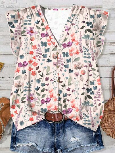 EMERY ROSE Women's Colorful Floral Print Casual Shirt, Suitable For Summer New Year Party