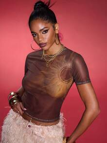Normani 图形太阳印花网眼修身 T 恤度假伊比沙岛优雅伊比沙岛可爱海滩节狂欢波西米亚风假日，秋季返校外出上衣俱乐部万圣节派对 - 咖啡棕 - 查看 3