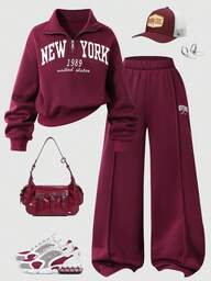 2pcs/Set Tween GirlsCasual New York Letter Pattern Stand Collar Sweatshirt And Shorts Set, Warm For School, Commute, Outing, Suitable To Pair With Jacket, Vest, Coat, Autumn/Winter