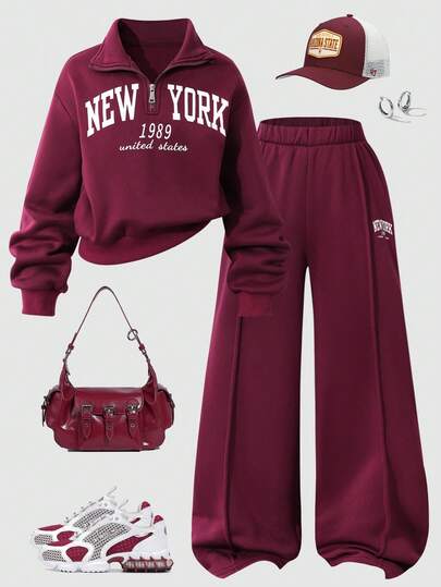 2pcs/Set Tween GirlsCasual New York Letter Pattern Stand Collar Sweatshirt And Shorts Set, Warm For School, Commute, Outing, Suitable To Pair With Jacket, Vest, Coat, Autumn/Winter