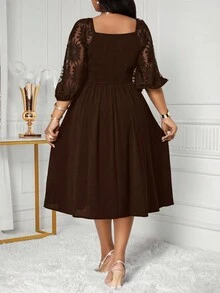 SHEIN Lady Váy dài tay màu trơn cỡ lớn, tối giản và thời trang, phù hợp cho mùa hè Váy lễ Phục sinh cho nữ Váy tốt nghiệp Váy dự tiệc cưới cho nữ Váy dự tiệc cưới cho nữ Váy công sở thường ngày cho nữ - màu nâu - Xem 2