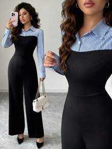 Elenzga Women's Elegant Casual Commute Daily Outing Striped Patchwork Jumpsuit With Buttons