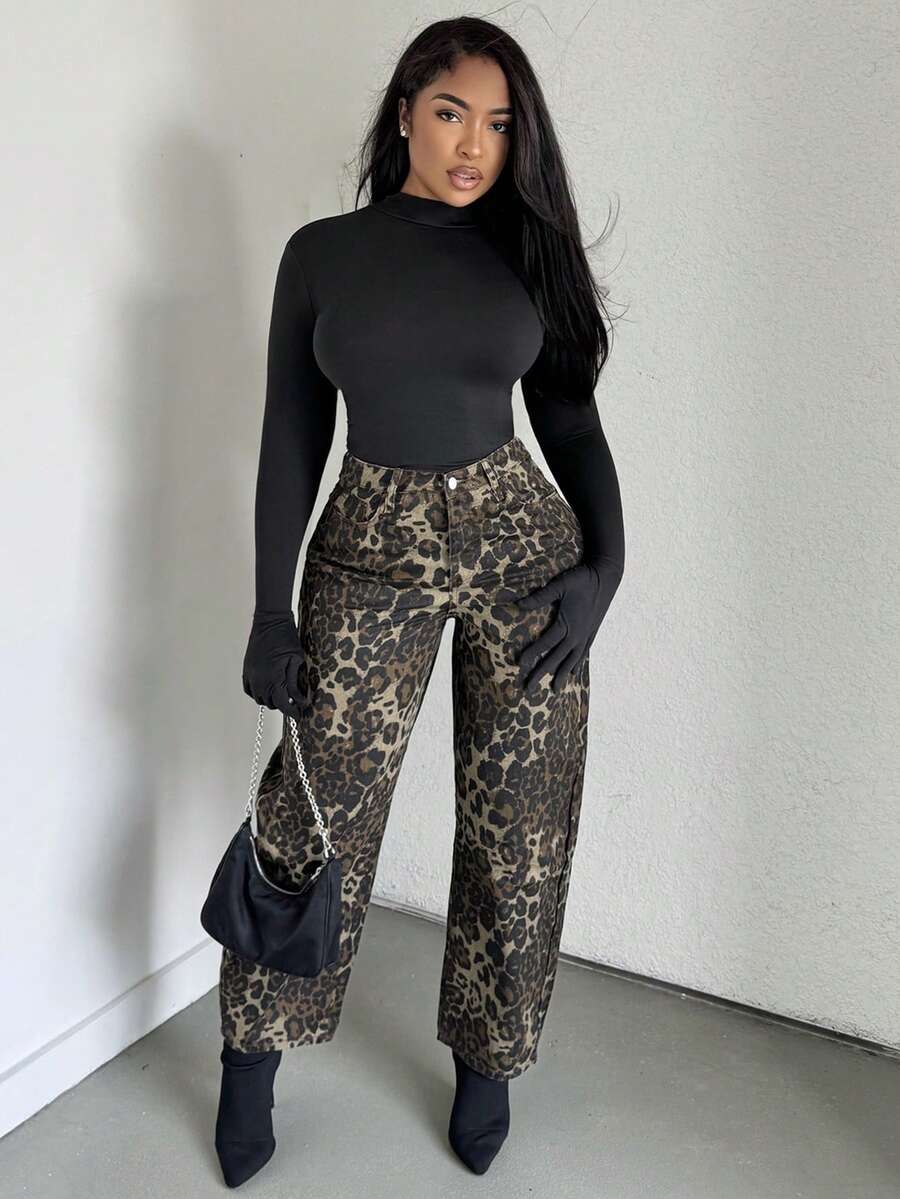 Alexandranx 女式休闲复古豹纹阔腿牛仔裤 - 彩色 - 查看 1