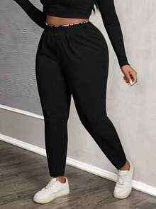 SHEIN PETITE CURVE 加大码长袖蝴蝶结装饰可爱毛衣，宽松针织套头衫，黑色，秋季，冬季 - 黑色 - 查看 4
