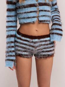SHEIN BAE Women's Casual Fitted Knit Sweater, Versatile Pants & Shorts,Winter Clothes For Women,Cozy Fall And Winter Clothes For Women,Christmas,Christmas Sweater,New Year Outfit,Thanksgiving Outfit For Women ,Party ,Blue Striped Sweater Shorts, Cute Shorts, Fluffy Shorts