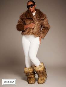 SHUZIA Women's Wide Calf Faux Fur Furry Fluffy Round Toe Winter Comfy Knee-High Boots - Camel - View 6