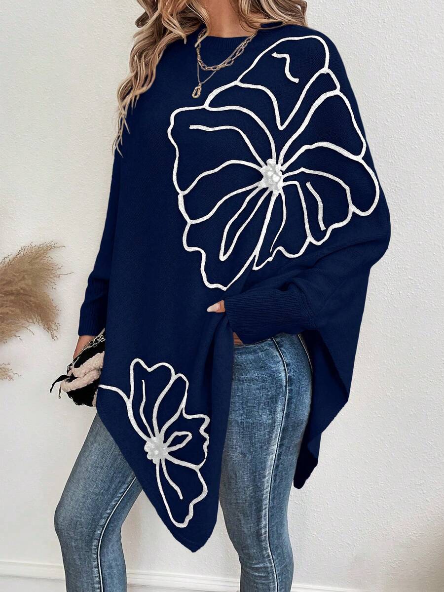 SHEIN LUNE 女士秋冬时尚3D花卉装饰蝙蝠袖毛衣 - 藍色 - 查看 1