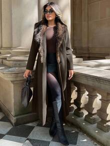 Xyvia 标准尺寸女式长款翻领大衣，仿毛领，双排扣，A 字型，秋冬款 - 棕色 - 查看 5