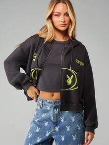 Missguided x Playboy Team Cropped Full Zip Hoodie Vintage Style Bunny Logo Long Sleeve Loungewear Streetwear Fall Winter Essential Casual Everyday Y2K Aesthetic - Grey - View 2