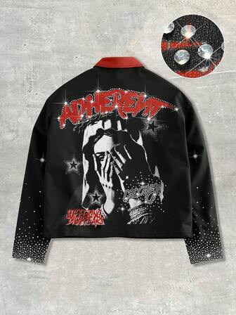 Street Life Chaqueta con cremallera con estampado de retrato con rhinestones de moda de otoño para hombres