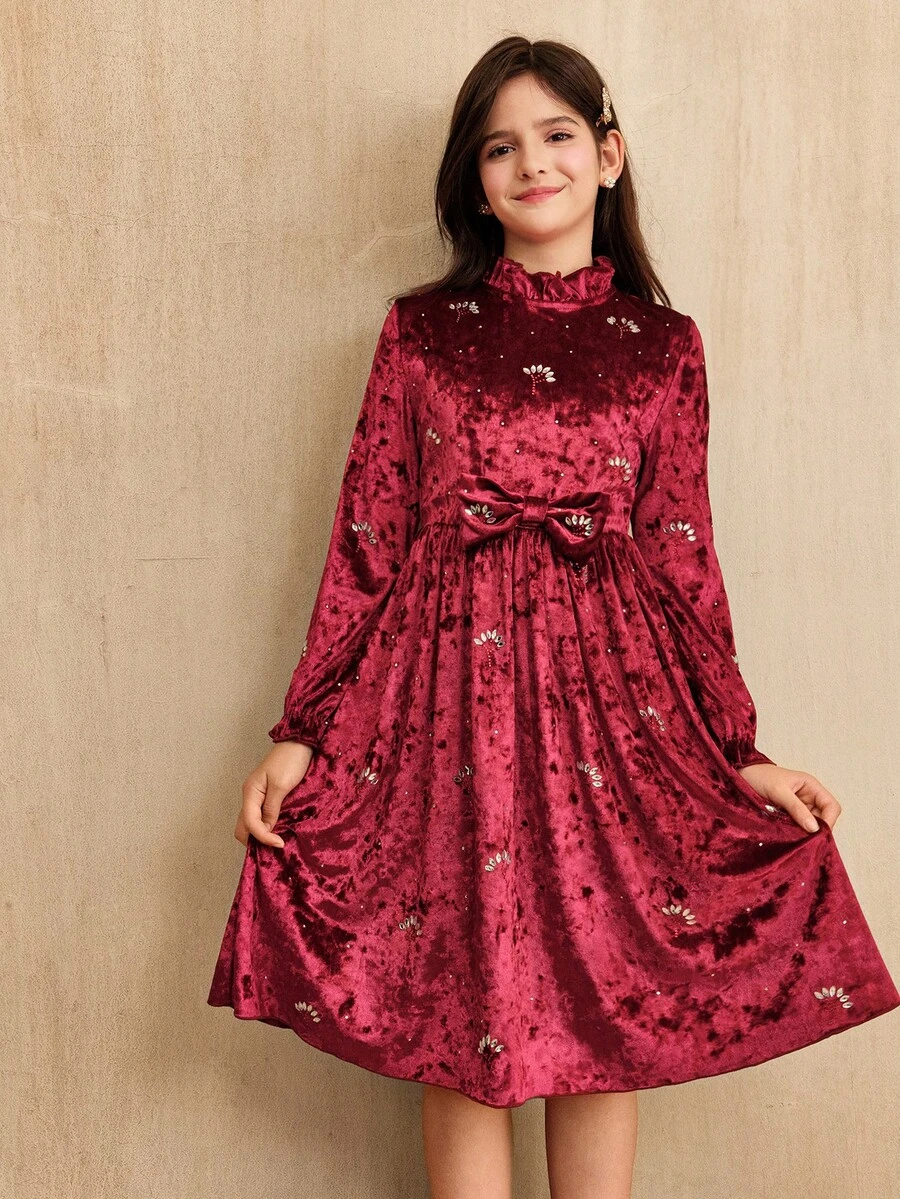SHEIN Tween Girls Bow Decor Long Sleeve Dress, Suitable For Spring And Autumn - Red - View 1