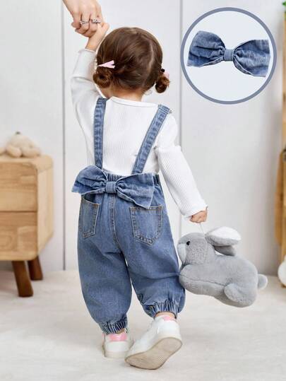 SHEIN Little Byeori סרבל ג'ינס כחול עם קשת תלת מימדית לתינוקות בנות