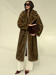 Aloruh 女士优雅仿皮草长款大衣，秋冬 - 棕色 - 查看 5