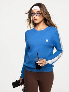 Easithlete 女式圆领长袖宽松刺绣毛衣 - 藍色 - 查看 5