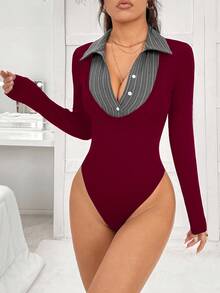 SHEIN EZwear Bộ đồ liền thân màu Burgundy tối giản giản dị dành cho nữ, phù hợp cho mùa thu/đông - Màu Đỏ Sâu - Xem 3