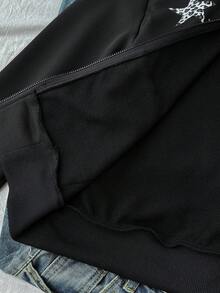 SHEIN Teen Girl Knit Sweatshirt With Star & Leopard Print, Casual Sporty Minimalist Classic Hooded Sweatshirt Jacket, Autumn/Winter Star Sweatshirt Black Sweatshirts Black Jacket With Hood Black Zip Up Sweatshirt