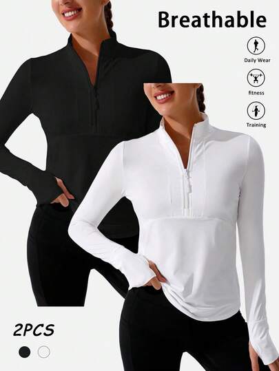 Easithlete 2pcs/Set Casual Slim Fit Solid Color Zipper Sweatshirt Curvy Workout Top Zipper Front Long Torso Women Golf Tops