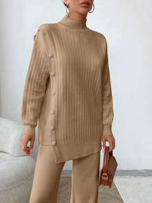 EURMUSE Women Solid Color Button Detailed Mock Neck Drop Shoulder Pullover & Sweater Pants Set,Petite,Winter Clothes - Unta - View 3
