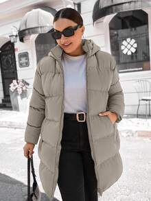 EURMUSE Plus Size Casual Solid Color Hooded Jacket, Versatile For Winter - Grey - View 4