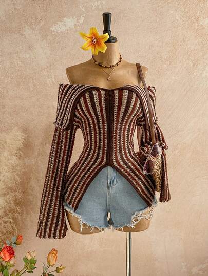 Soleia Women's Striped Knit Off The Shoulder Wrist Length Sleeve Top In Coffee Brown With Unique Hem Unique Tops For Women Off Shoulder Sweater