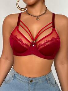 1pc Christmas Lace Patchwork Women Underwire Bra Lingerie Bra - Burgundy - View 5