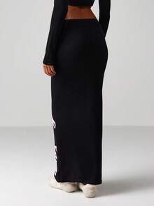 Missguided x Playboy Ribbed Knit Maxi Skirt With Player Script Print Long Black Sweater Skirt - Black - View 2
