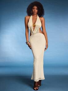 Normani 女士度假风深V海星印花纹理露背吊带高开衩连衣裙，米色 - 米色 - 查看 4