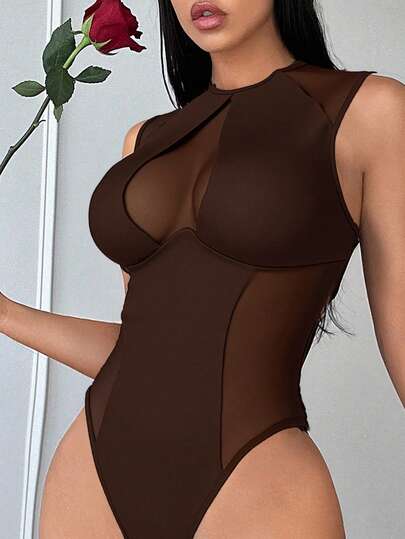 SHEIN SXY Women's Brown Plain Tank Bodysuit Knitted Fabric Sleeveless Cold Shoulder Round Neck With Sexy Semi-Sheer And Cut Out Details Sexy Bodysuit Women Bodysuits Brown Bodysuit Brown Swimsuit Women Brown Body Suit Brown Sleeveless Bodysuit