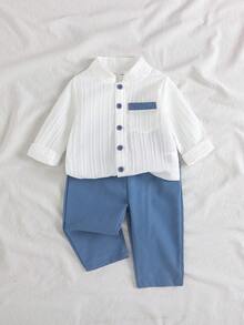 SHEIN Vintaside Kids Bộ 2 món bé trai áo sơ mi cổ bẻ có cúc và túi, quần short lưng thun, sọc xanh trắng, phong cách retro thoải mái, casual cho mùa thu, sinh nhật - Màu xanh lam - Xem 8