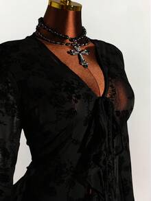 Amplova Conjunto de 2 piezas elegante de talla grande para mujer con blusa de manga acampanada con nudo delantero y estampado floral en malla y falda midi