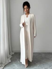 Elenzga Round Neck Hollow Out Brushed Knit Ribbed Autumn/Winter Warm Bodycon Waist Design Dress Long Sleeve, Can Be Worn Inside Or Outside, Shawl Collar Open Front Loose Long Cardigan, Elegant French Style Commuting & Date 2-Piece Set For Women