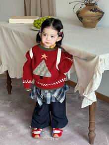 DAZY Sweater Lengan Panjang Leher Bulat Motif Blok Warna untuk Balita Perempuan, Tema Natal, Musim Gugur/Musim Dingin, Tahun Baru - Merah - View 1