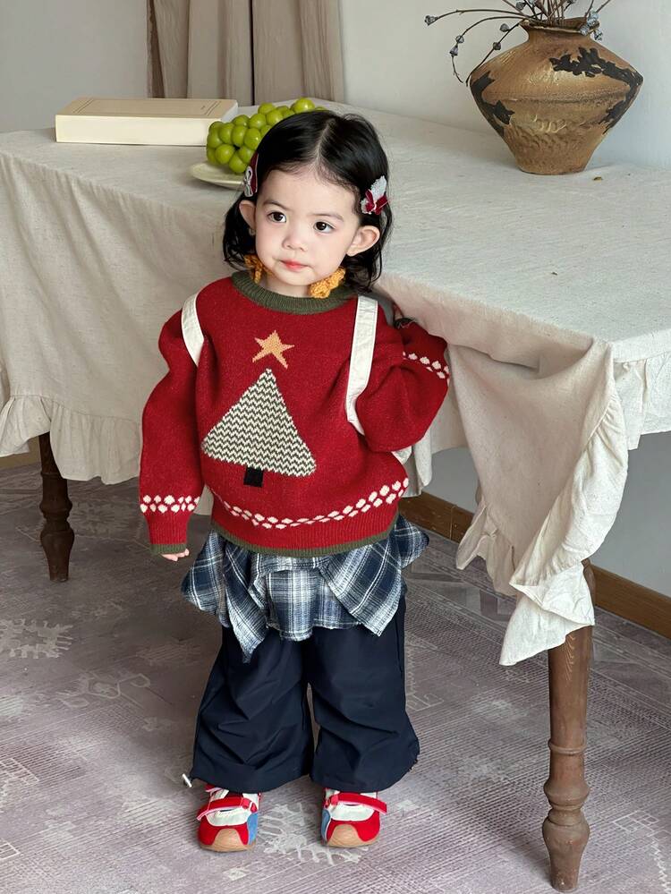 Toddler Girls' Colorblock Round Neck Christmas Atmosphere Long Sleeve Sweater, Autumn/Winter,New Year