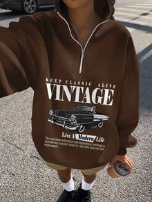 Attitoon 女式宽松半拉链高领复古汽车印花羊毛运动衫，适合秋冬季、Y2K 和街头风格 - 棕色 - 查看 2