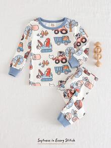 Cozy Pixies Baby Boy Snug Fit Pajama Set, Cartoon Farm Animal Print Soft Knit Crew Neck Long Sleeve Top And Elastic Waist Long Pants - Teal Blue - View 7