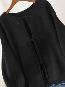 CosyJoli 大码休闲系带宽松针织开衫，冬季 - 黑色 - 查看 7