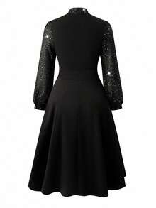 SHEIN Clasi Váy midi tay dài thanh lịch cỡ lớn, 2 trong 1, vải lưới lấp lánh, chắp vá - màu đen - Xem 2