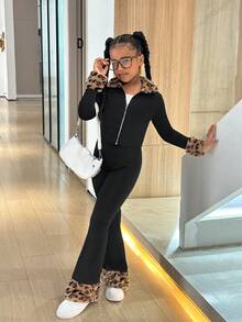 SHEIN SLAYR Tween Girl Tween Girl Solid Color Knit Cardigan Fitted Top & Flare Pants Set - Multicolor - View 6