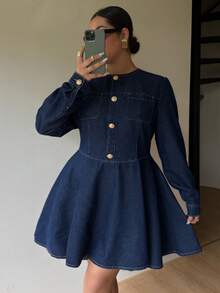 Dripcurv Women's Plus Size Autumn/Winter Dark Blue Non-Stretch Denim Slim Fit Long Sleeve Denim Awning Dress,Elegant Dress For Women ,New Year Dress,New Year Look,Christmas Outfit For Women,Thanksgiving Outfit For Women - Blue - View 1